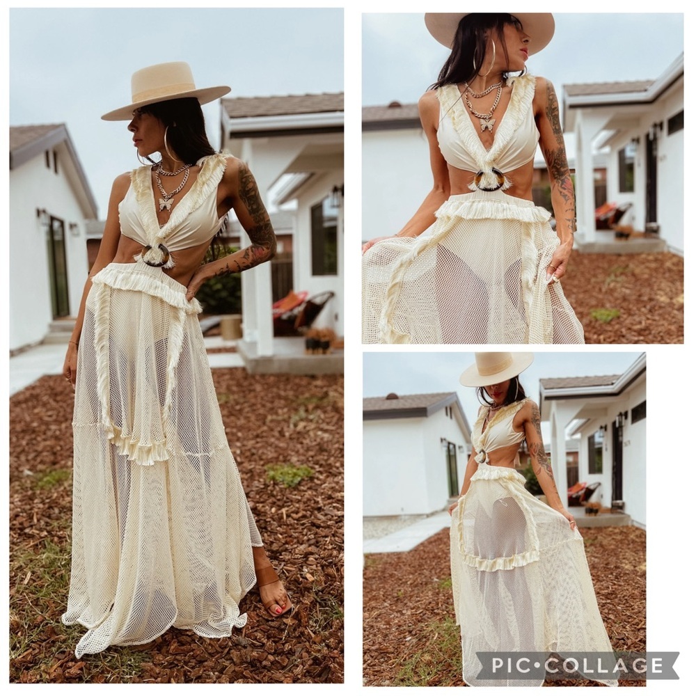 12th Tribe Helena White Mesh Cutout Laceup Back Maxi Dress Size - Picture 3 of 16